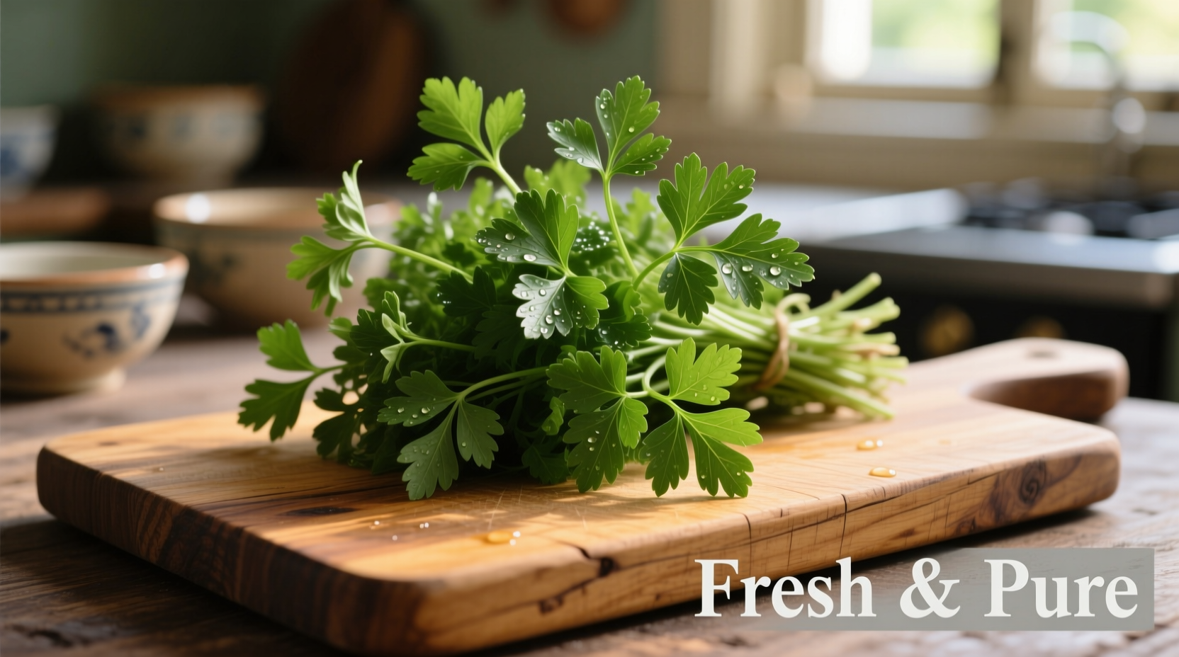Fresh Italian flat leaf parsley bunch on wooden cutting board