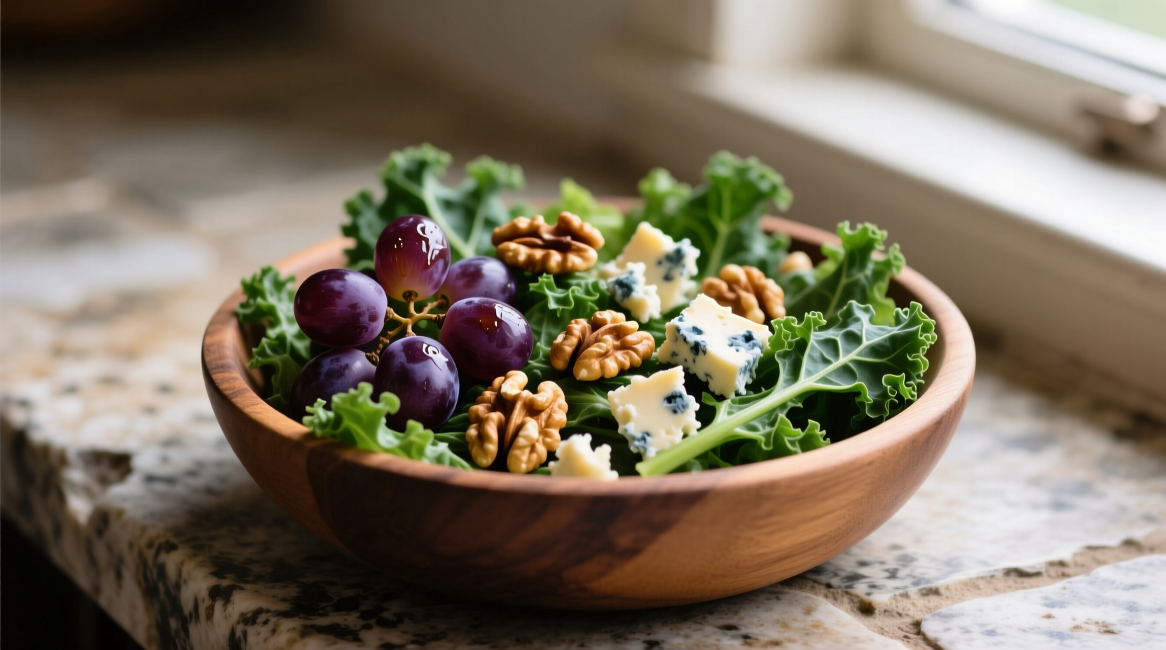 kale salad slow roasted grapes walnuts blue cheese recipe