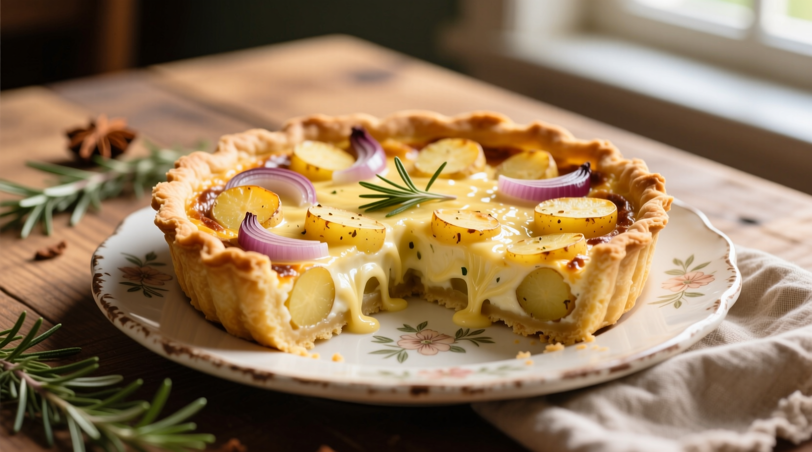 Golden potato quiche with flaky crust and creamy filling
