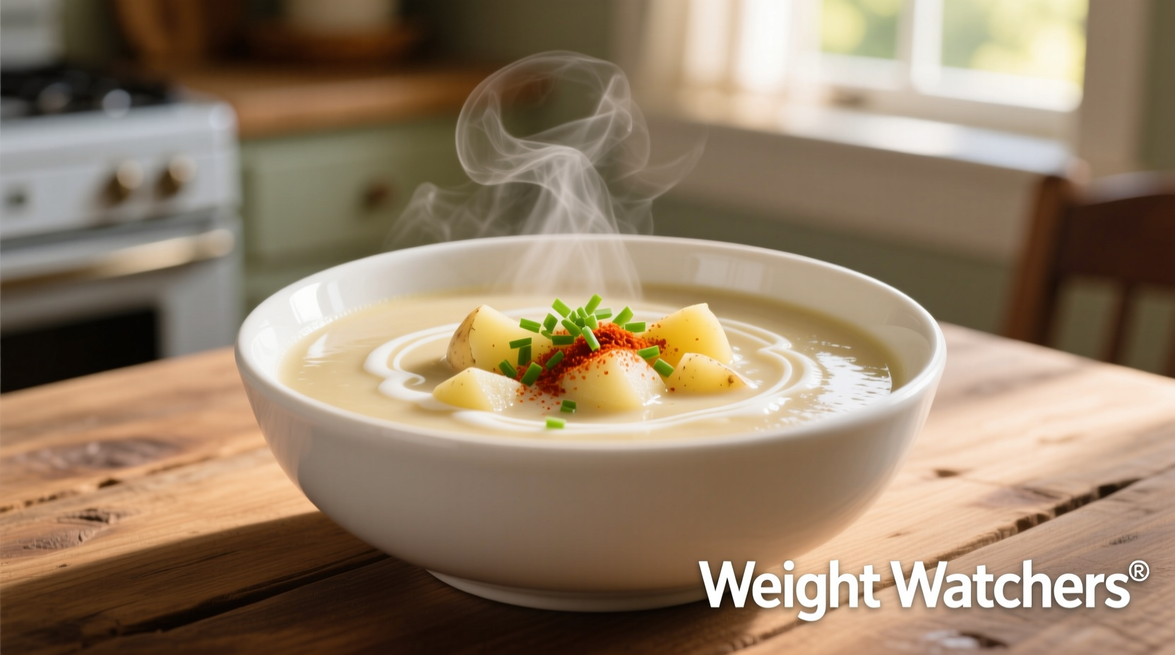 Creamy Weight Watchers potato soup in white bowl