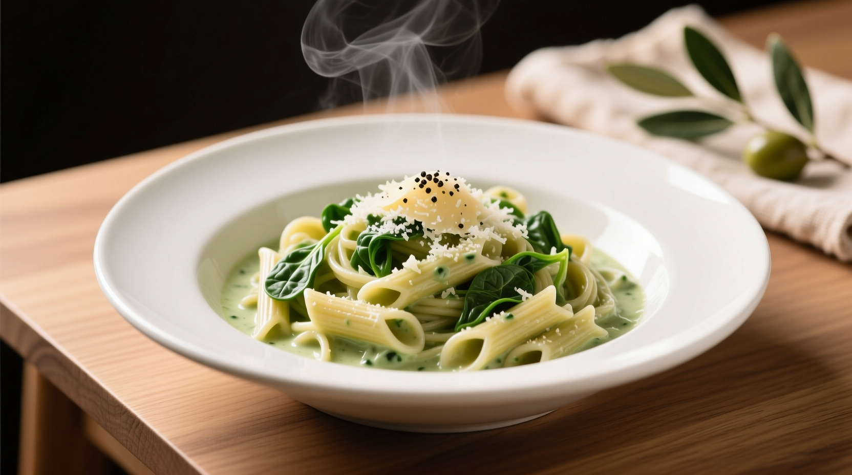 Creamy spinach pasta in white bowl