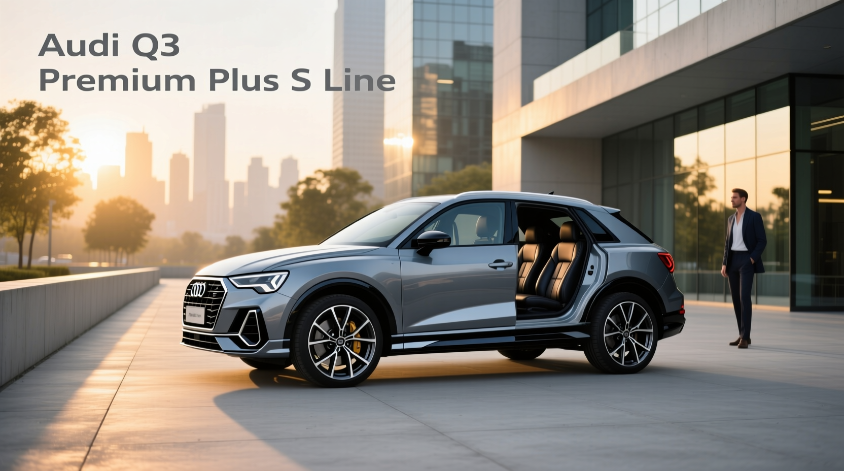 Audi Q3 Premium Plus S line exterior front view showing aggressive bumper and alloy wheels