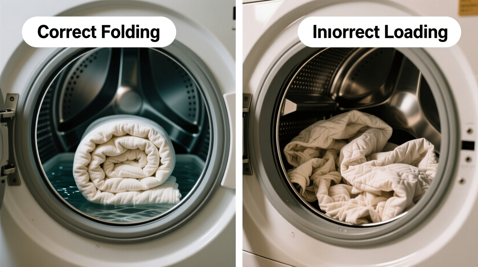 A weighted blanket secured inside a heavy-duty mesh laundry bag, placed gently into the drum of a front-loading washing machine with cold water filling halfway