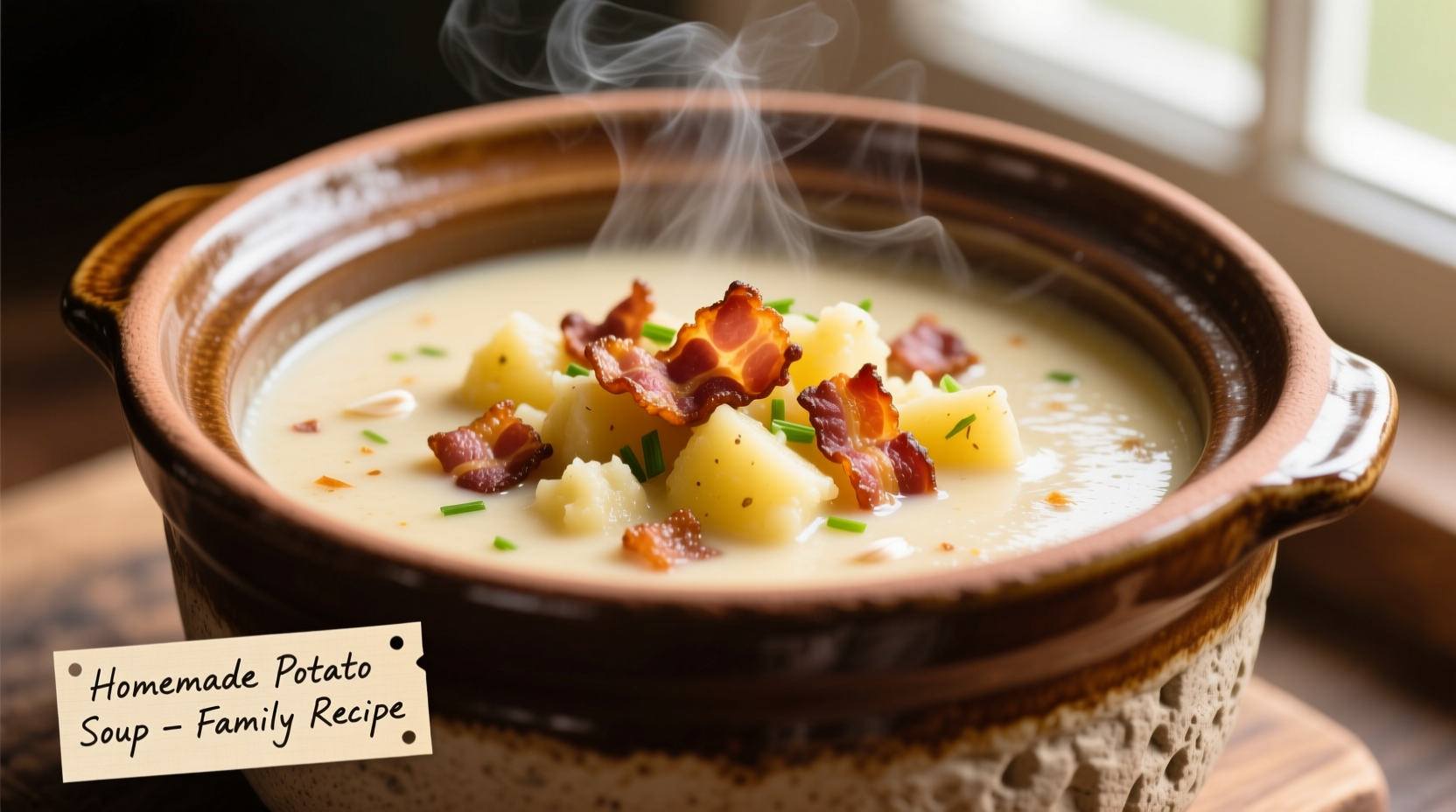 Creamy crockpot potato soup with bacon garnish