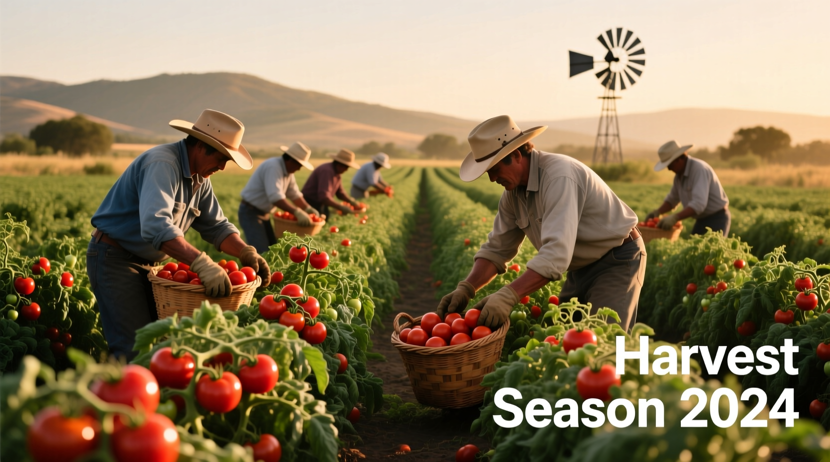 Tomato harvest in California field with workers