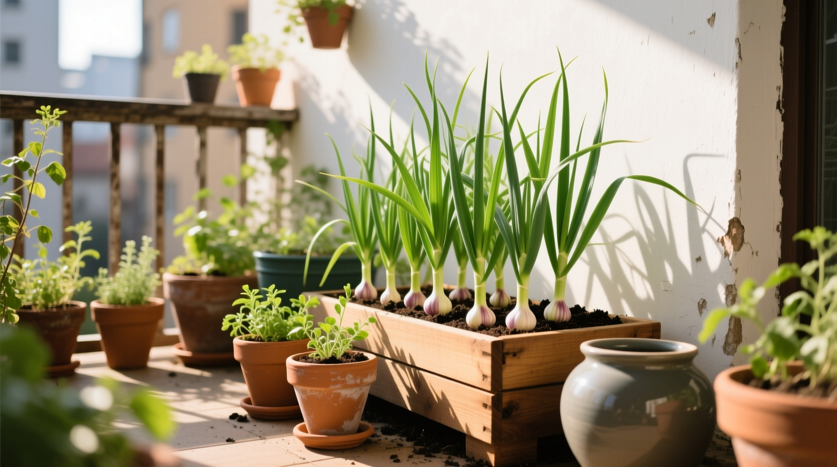 Garlic plants thriving in various container sizes on a sunny balcony