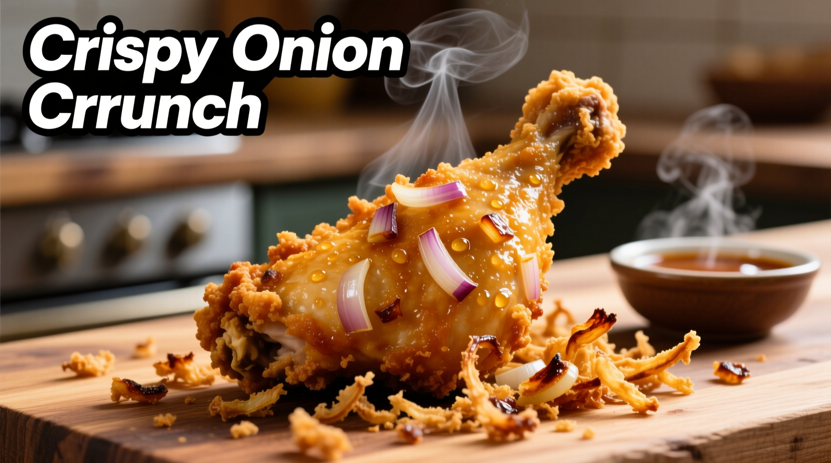 Golden brown chicken with crispy fried onions