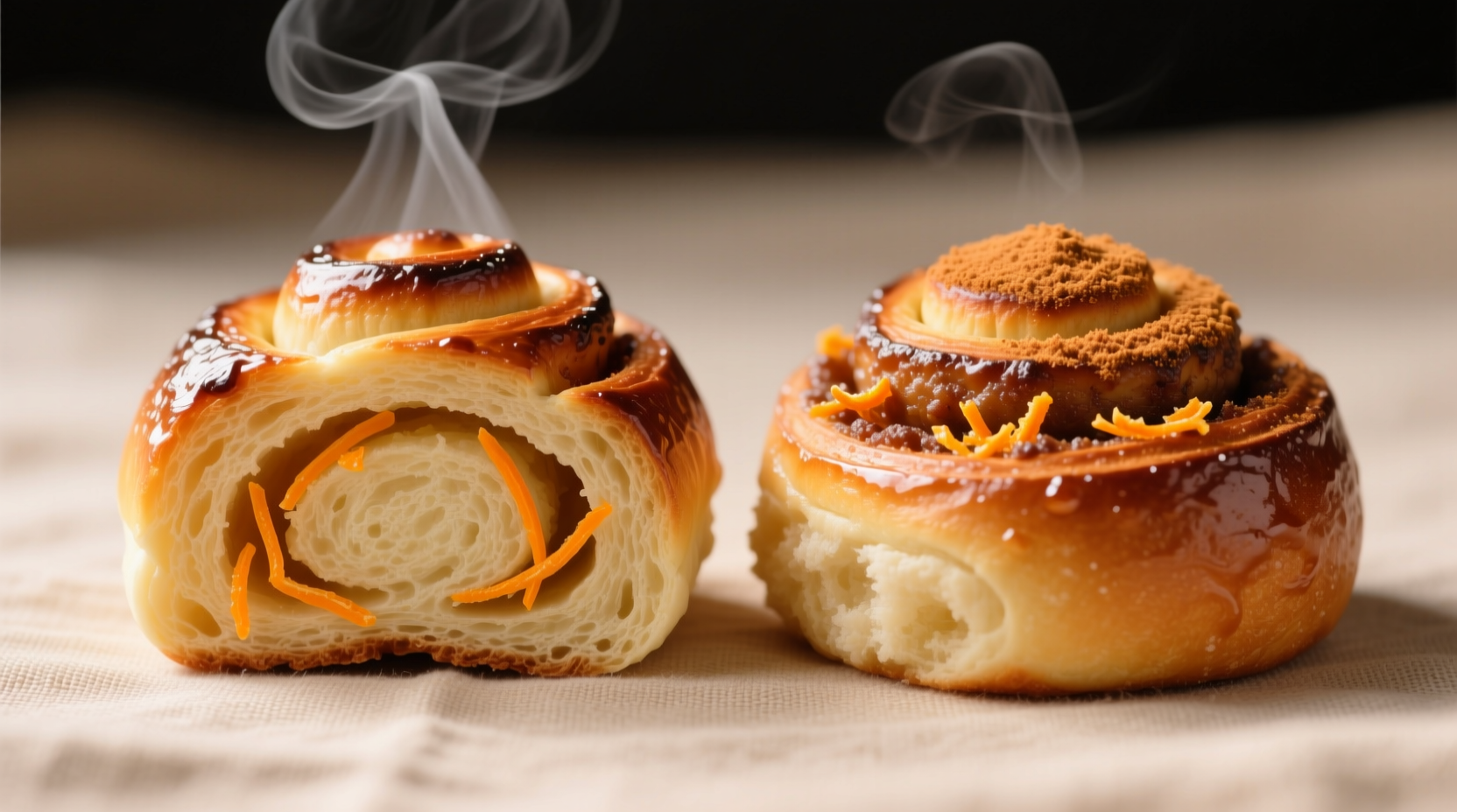 Cross-section comparison: left bun shows separated filling with fresh orange zest, right bun has uniform texture with dried orange peel powder