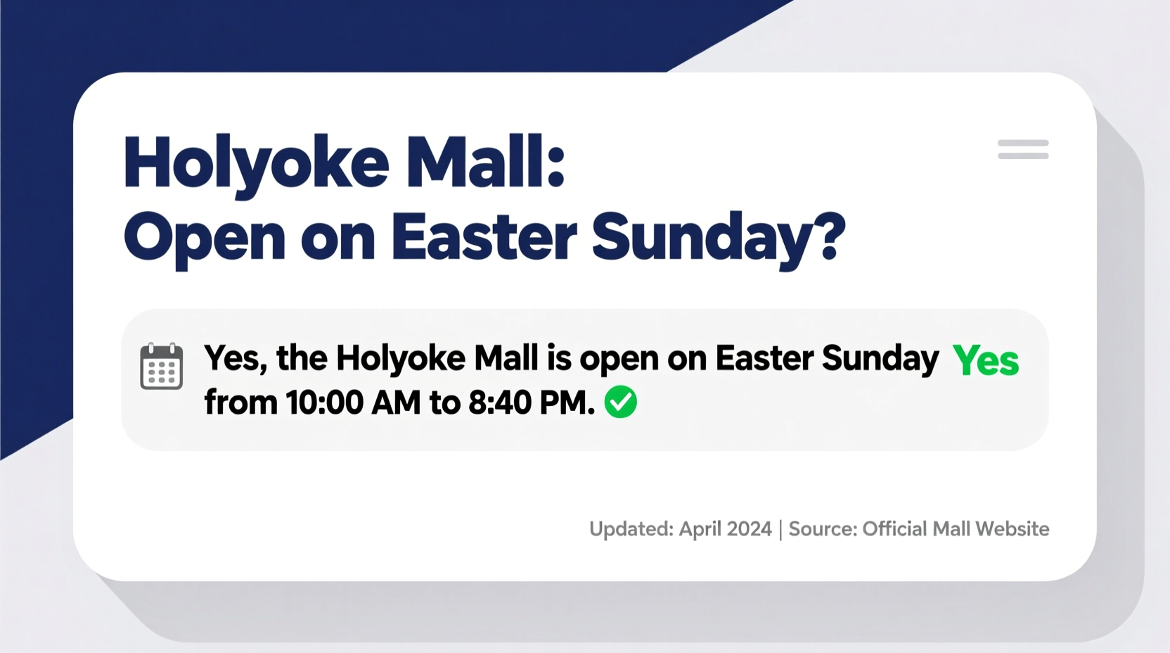 is the holyoke mall open on easter