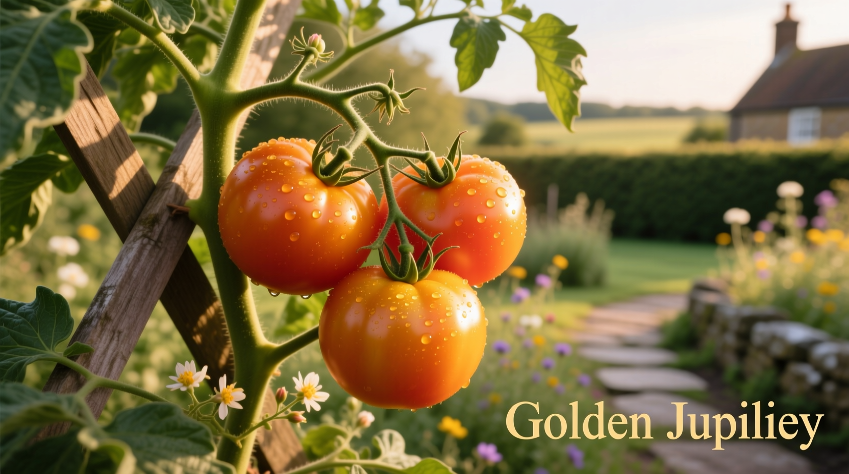 Golden Jubilee tomatoes on vine with golden fruit