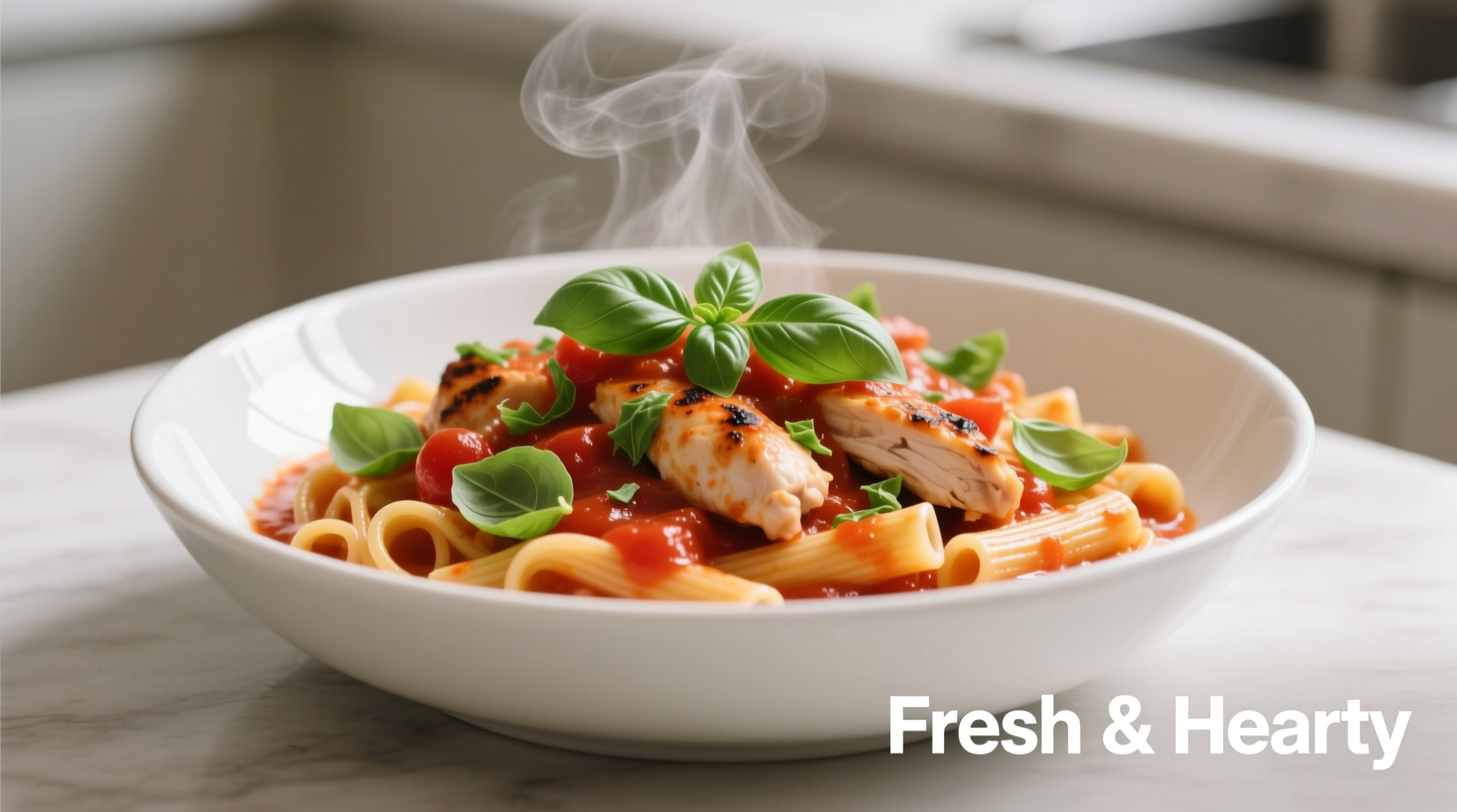 Chicken tomato pasta in white bowl with fresh basil