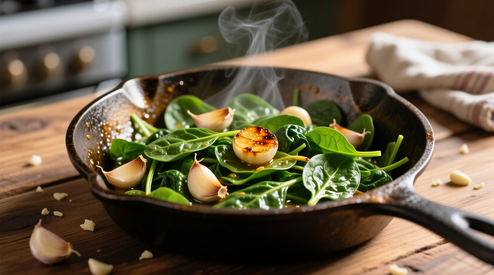Fresh spinach sautéed with garlic in cast iron skillet