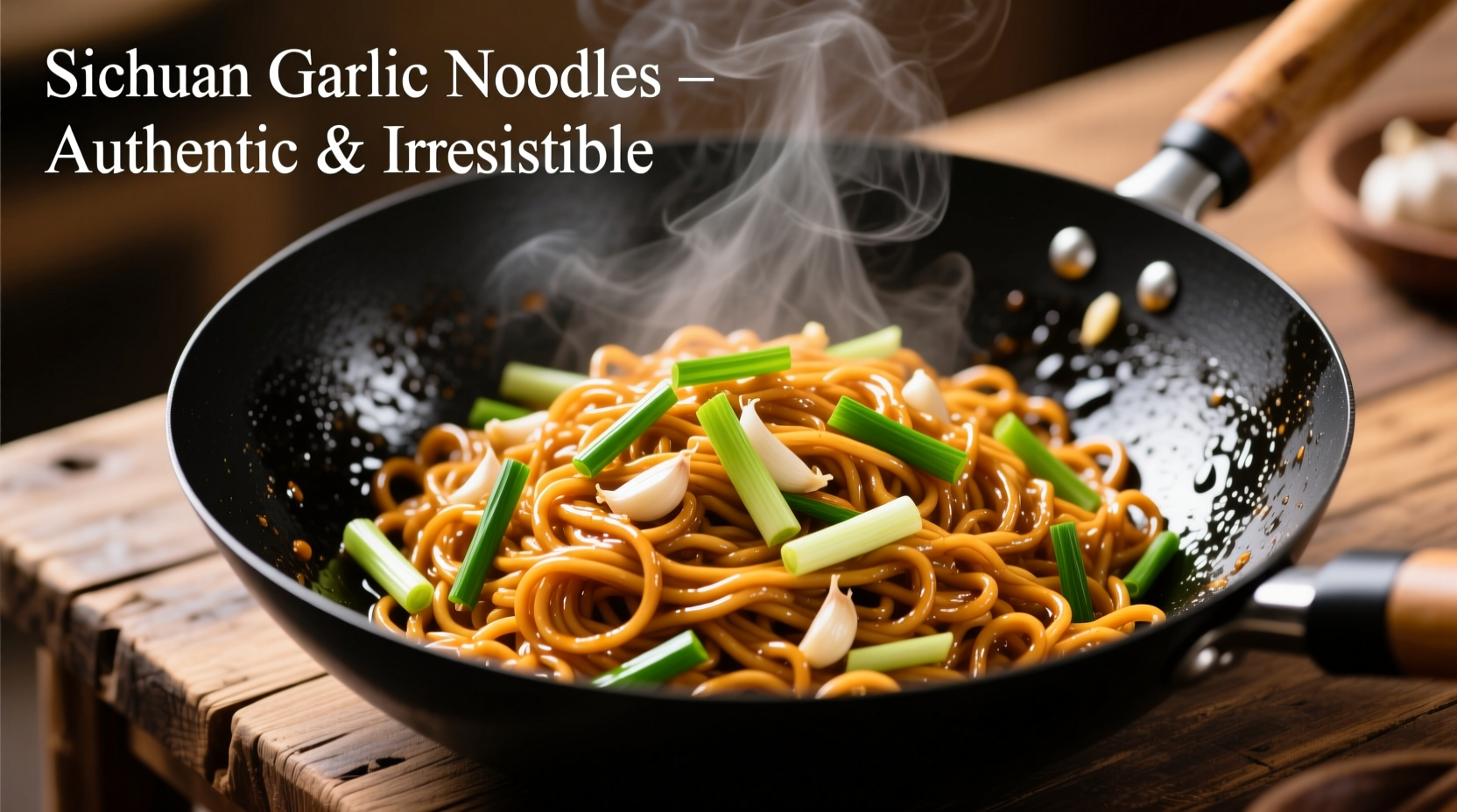 Perfectly coated garlic noodles in wok with fresh scallions