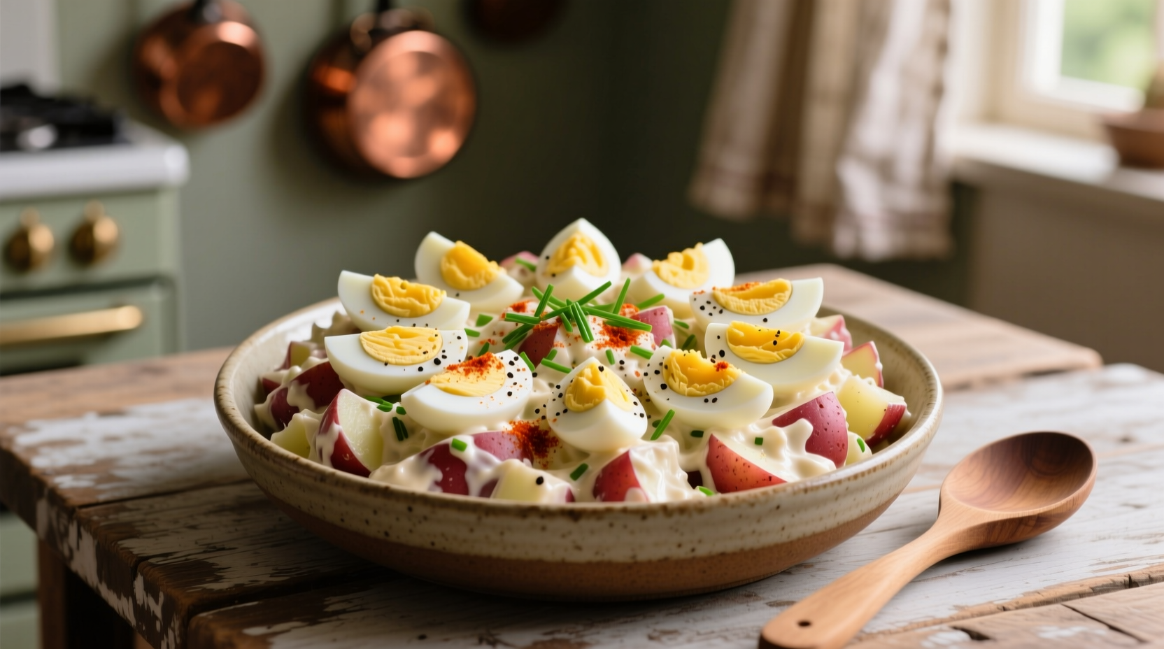 Creamy red potato salad with sliced hard-boiled eggs on top