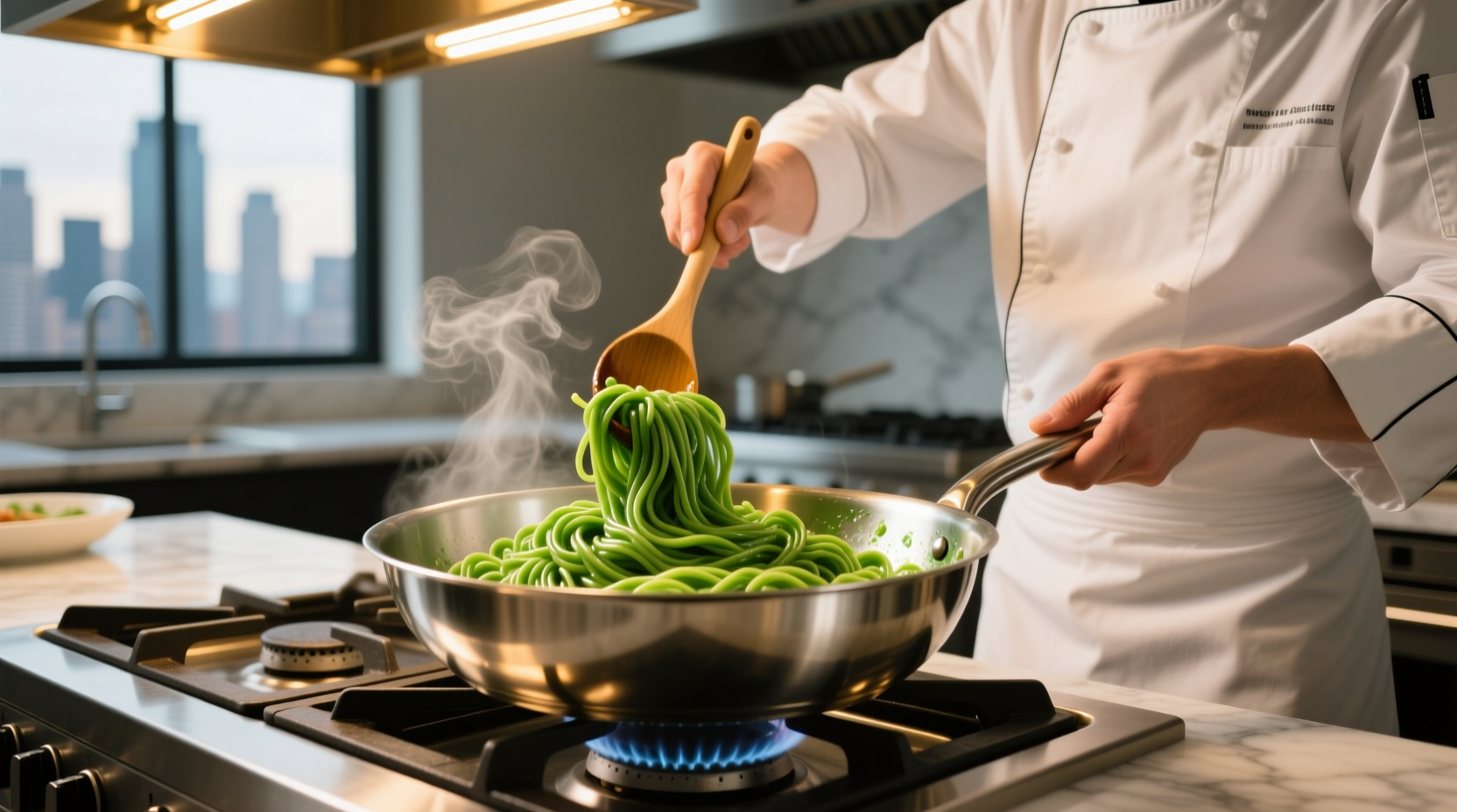 Chef preparing vibrant green spinach pasta in stainless steel pan