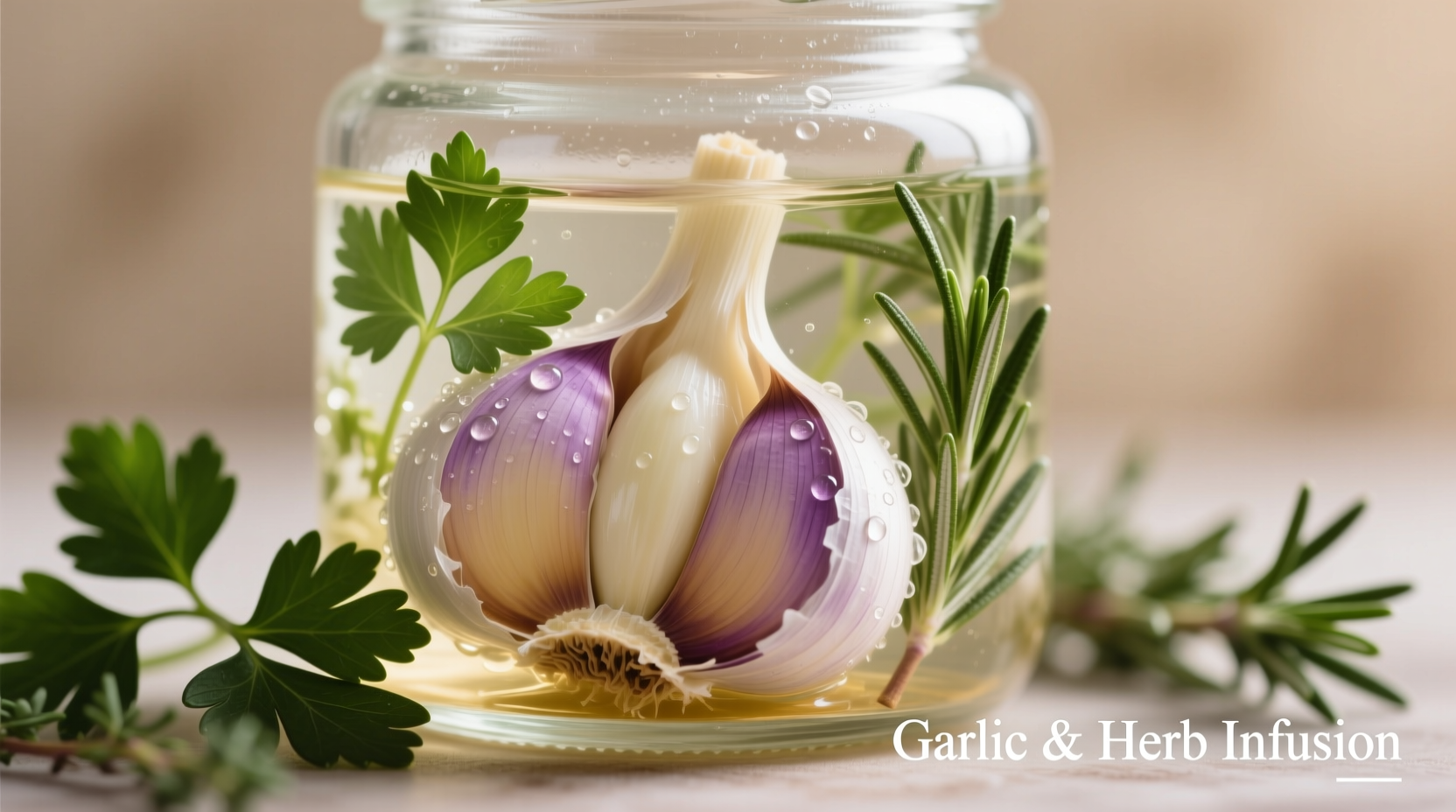 Fresh garlic cloves in vinegar brine with herbs