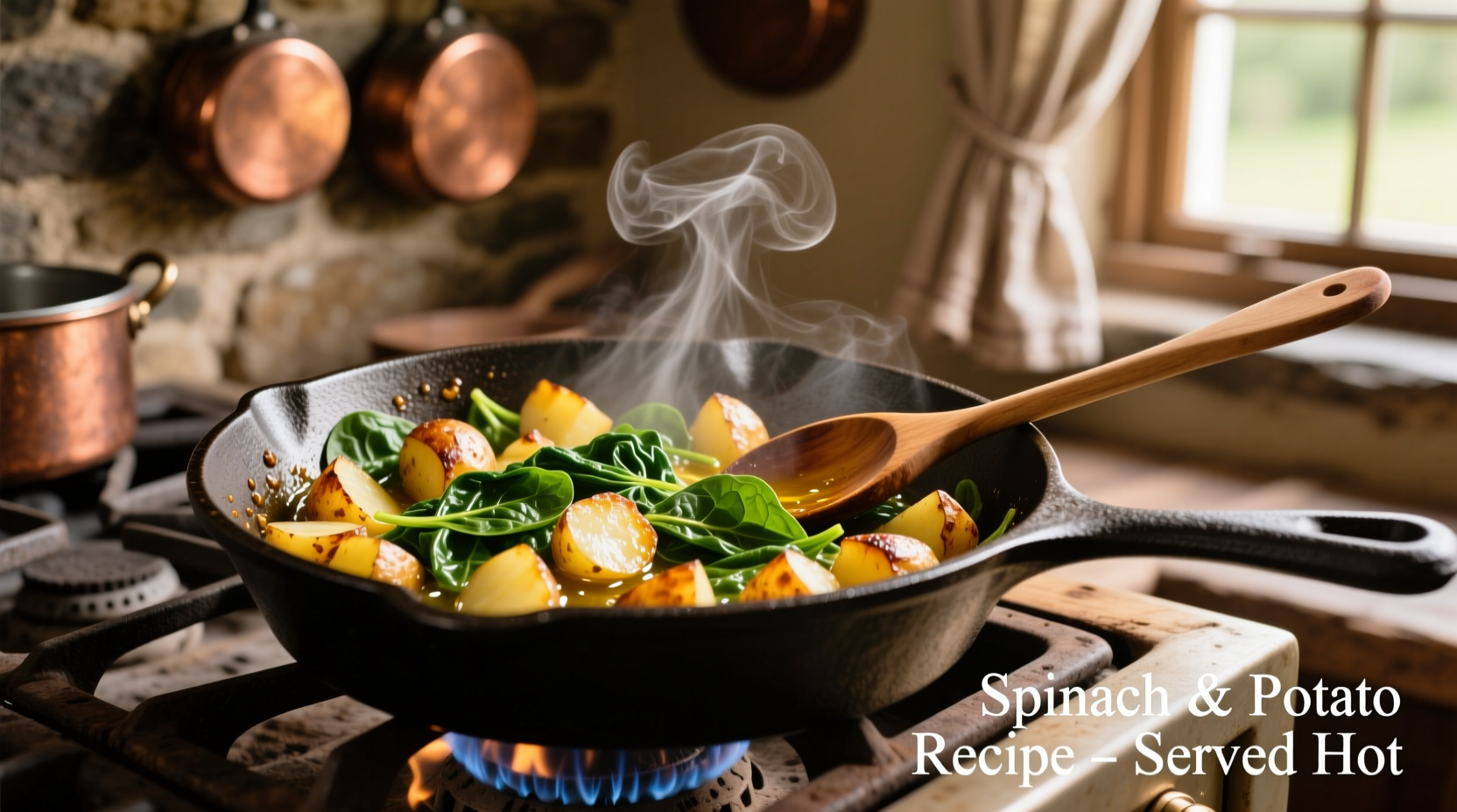 Spinach and potato recipe preparation in cast iron skillet