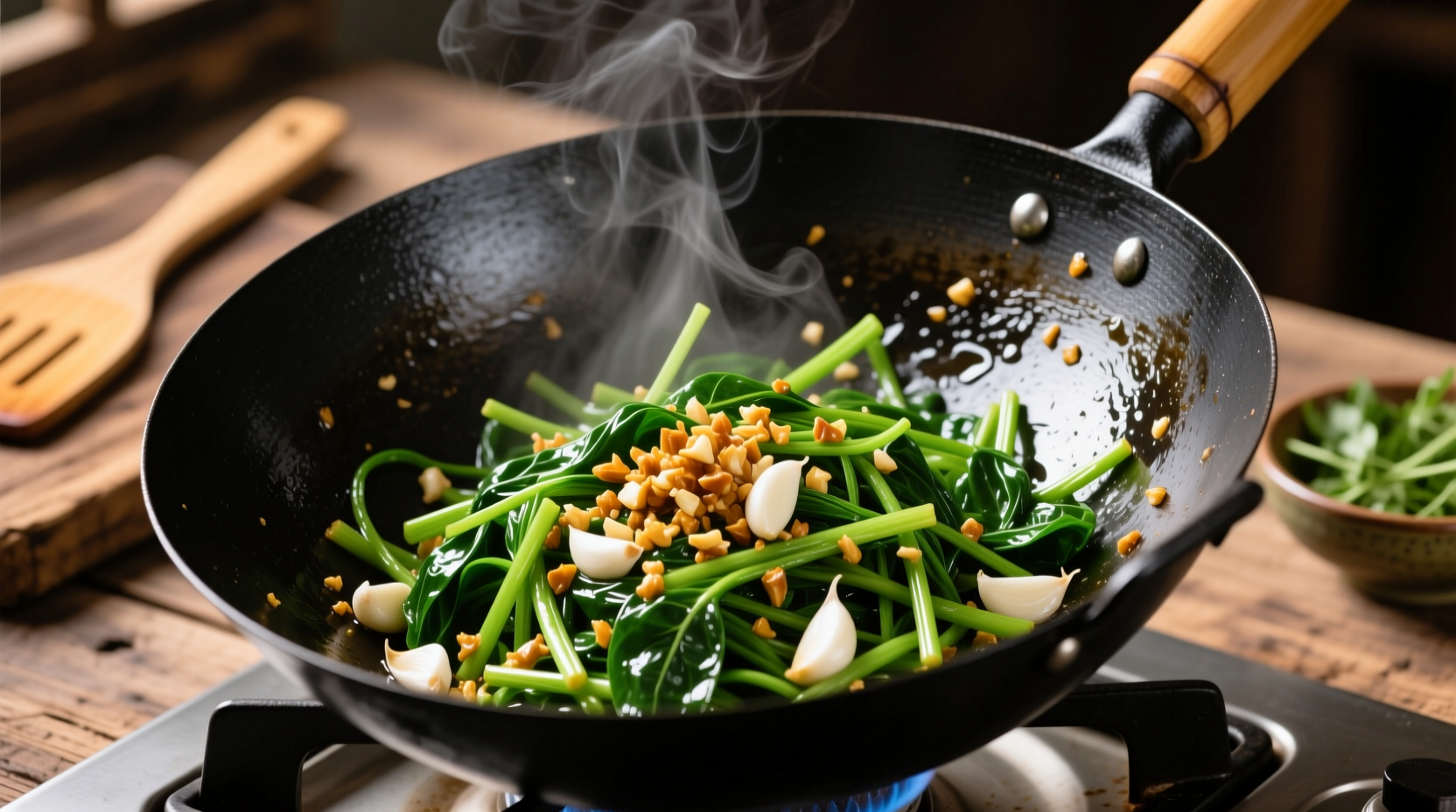 Chinese water spinach stir-fry with garlic in wok