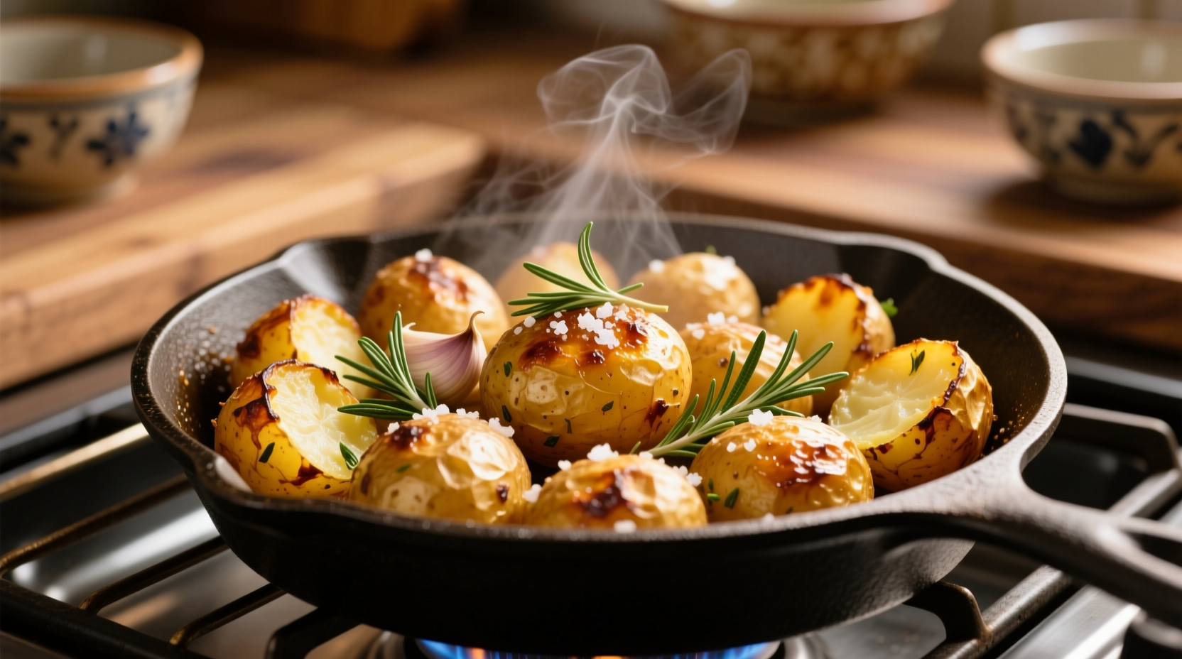 Golden roasted garlic potatoes in oven