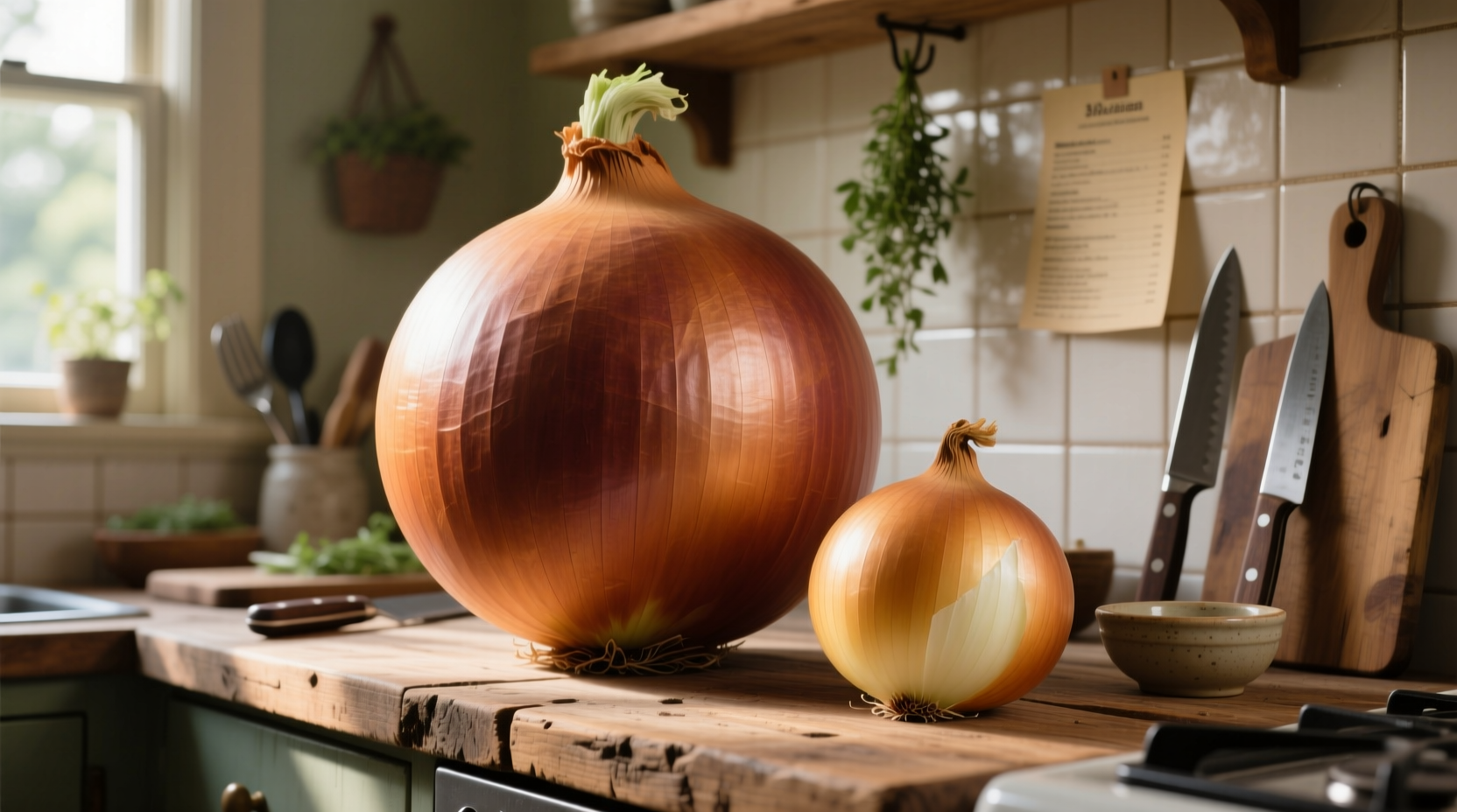 Giant onion variety compared to standard onion on kitchen counter