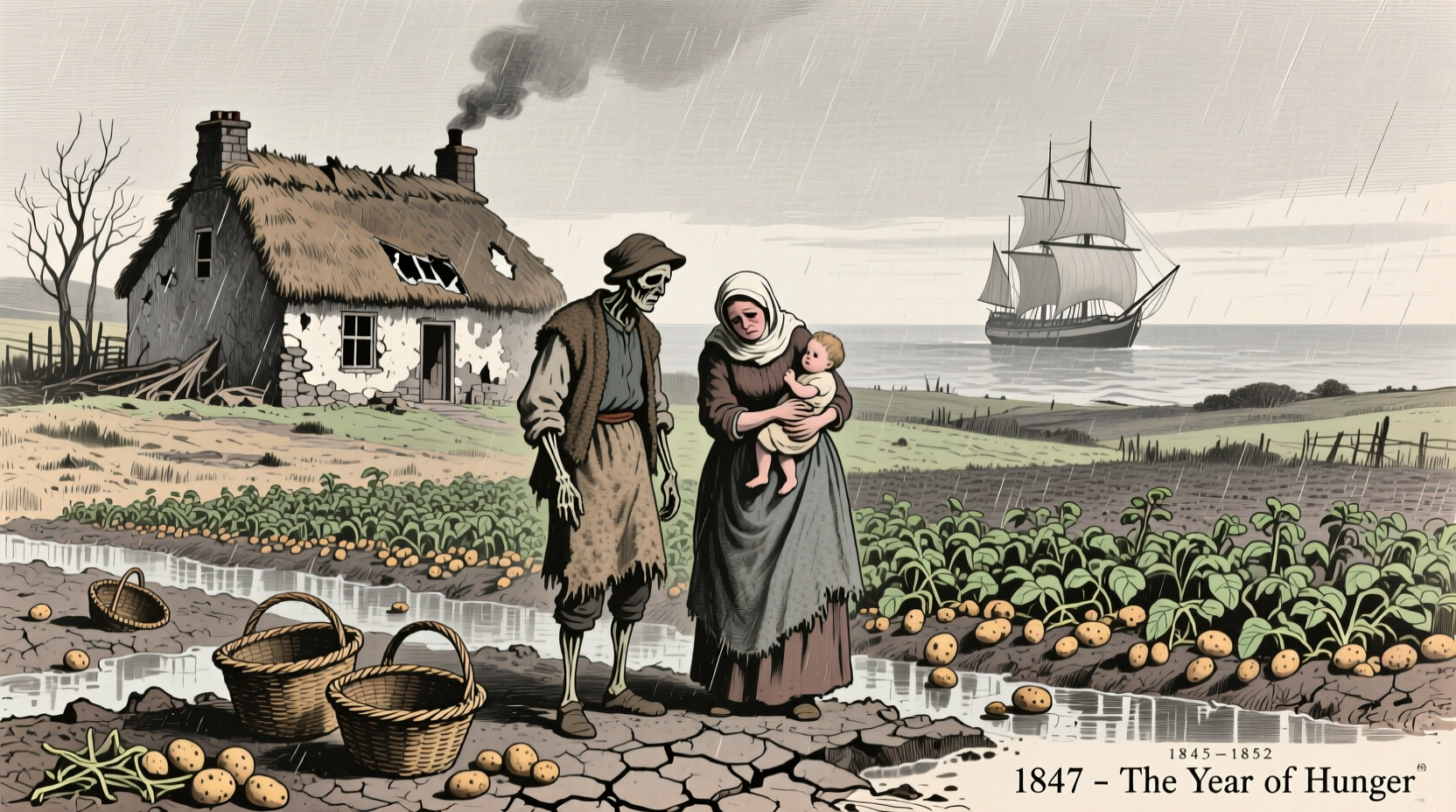 Historical illustration of Irish potato famine conditions