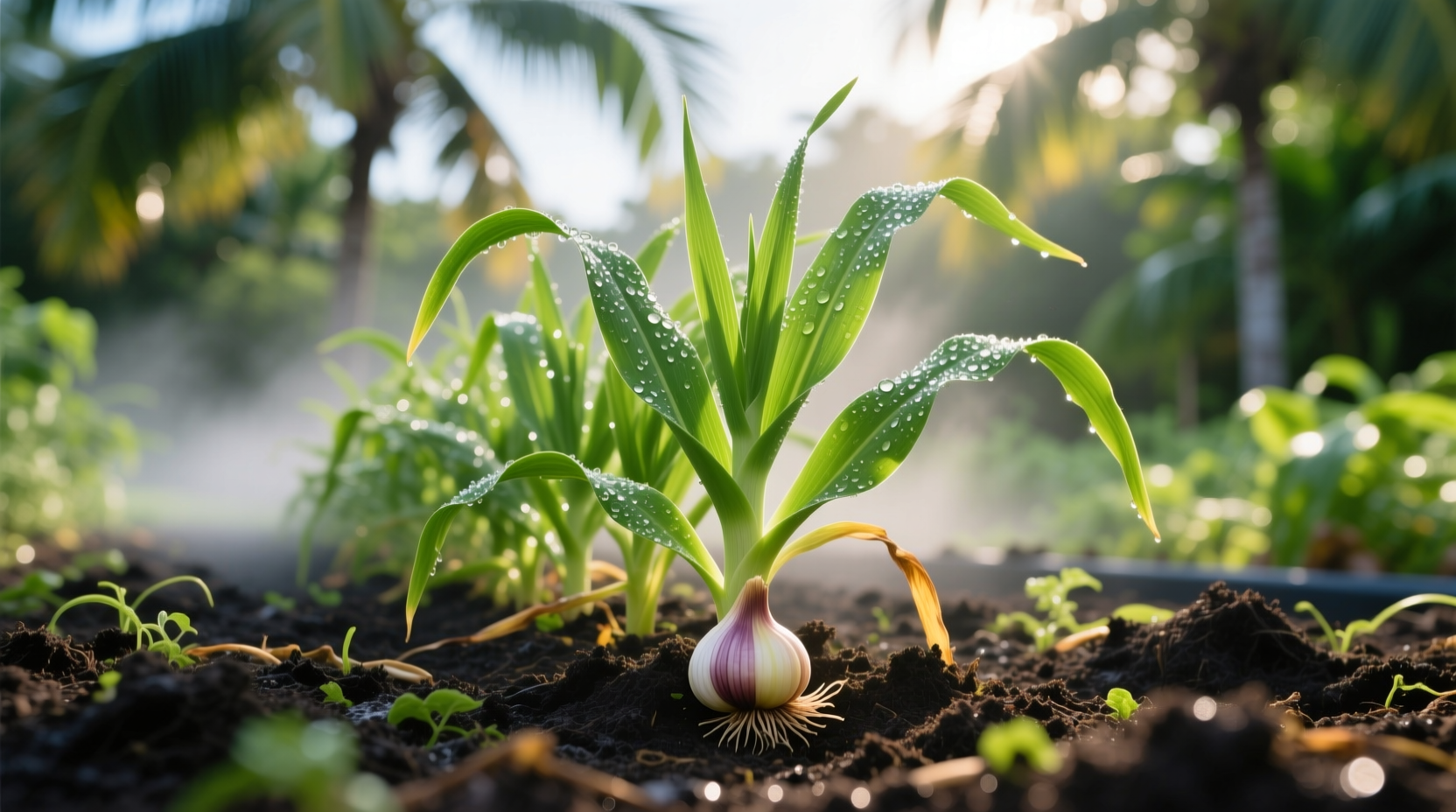 Garlic plants growing in Florida garden soil