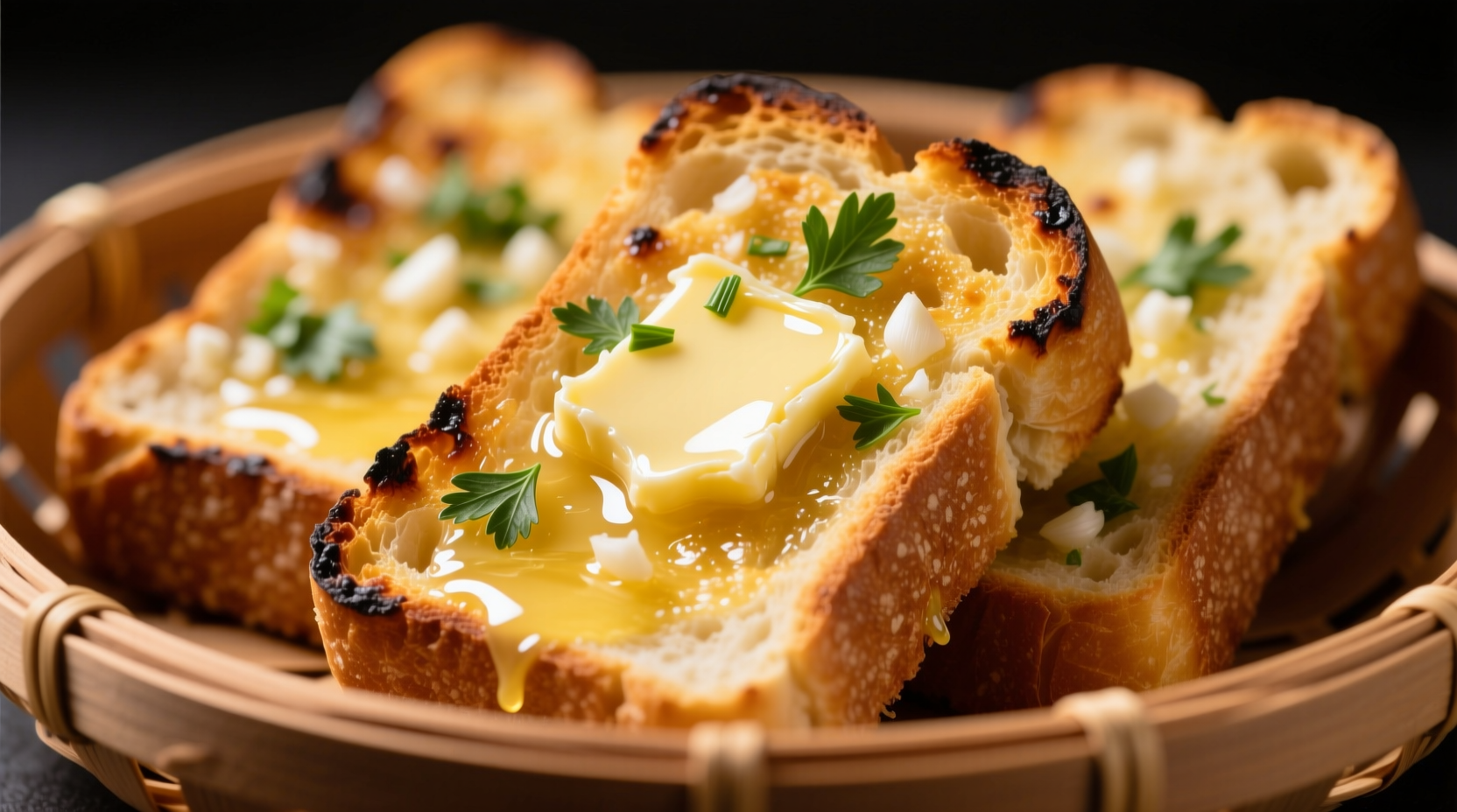 Golden air fryer garlic bread with melted butter