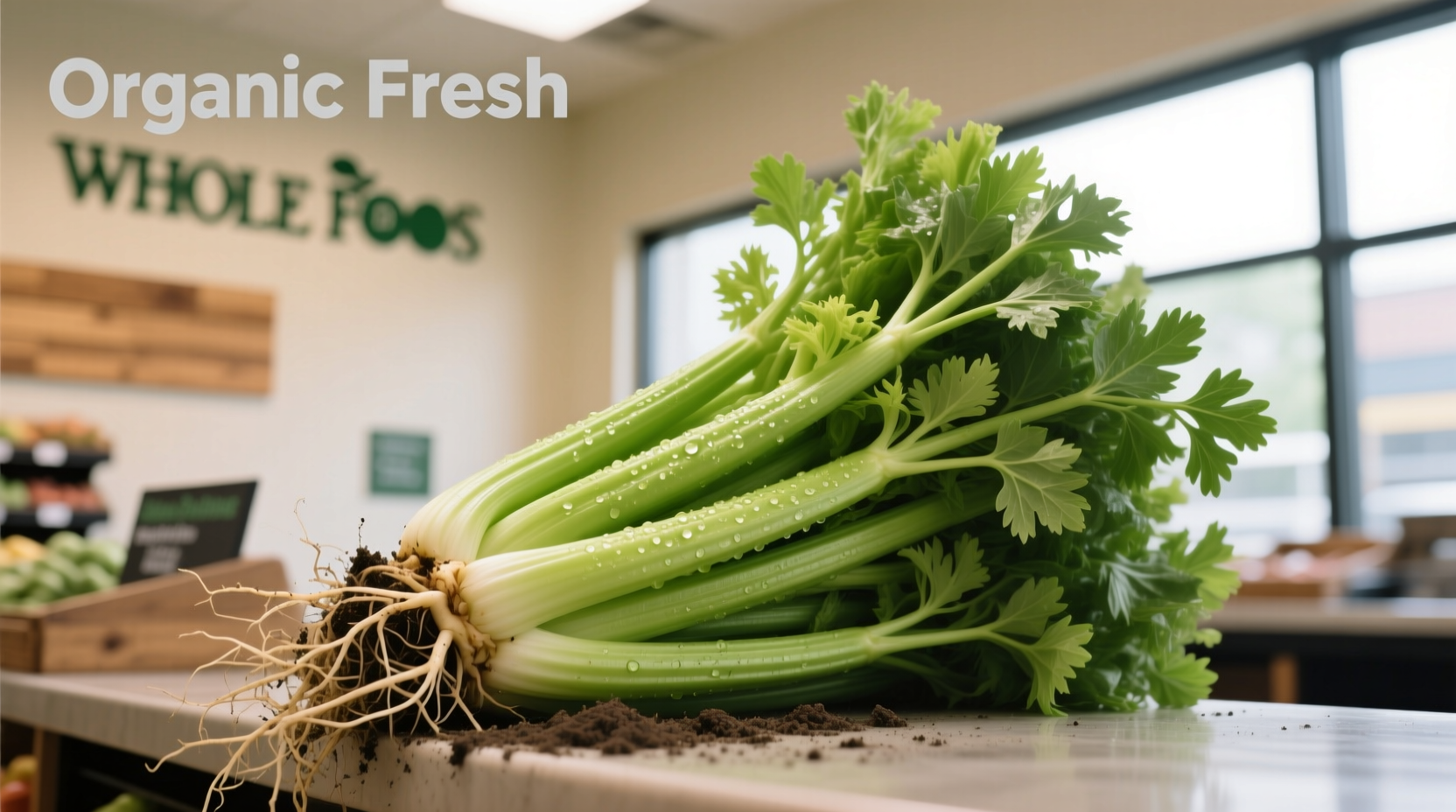 Fresh organic celery bunch with roots at Whole Foods