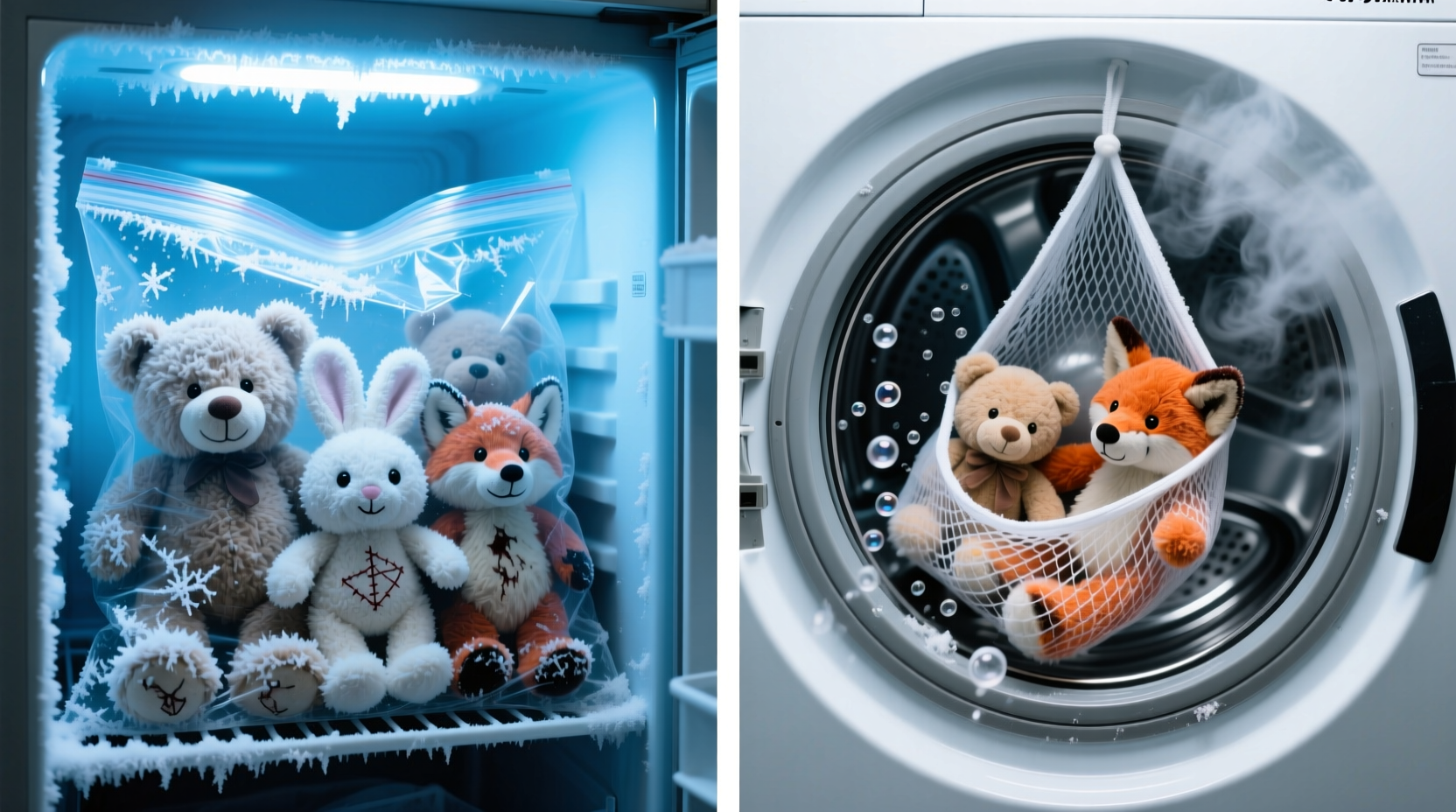 Two identical stuffed bears side-by-side: left bear wrapped in labeled freezer bag with frost crystals; right bear mid-wash in mesh laundry bag inside front-loading washer drum