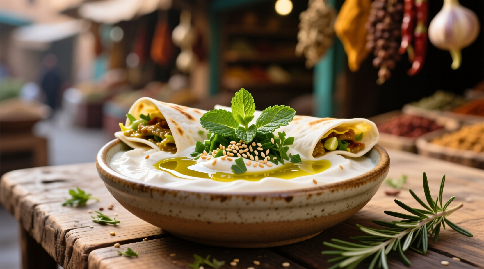 Creamy shawarma garlic sauce in bowl with herbs