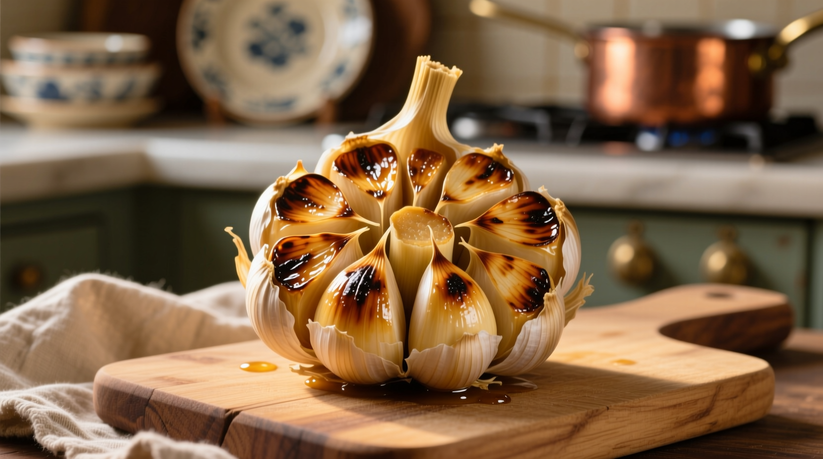 Golden roasted garlic bulb with cloves exposed
