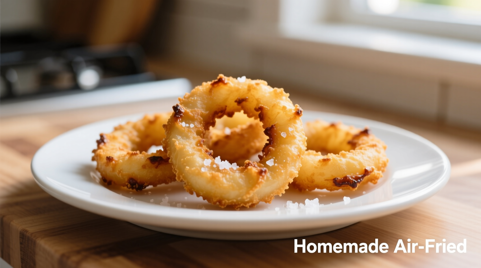 Homemade air-fried onion rings on a white plate