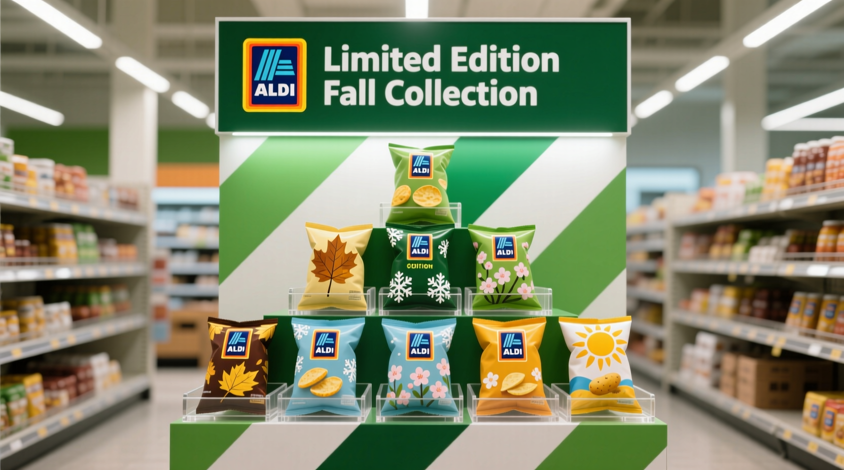 Aldi limited edition potato chips display in grocery store