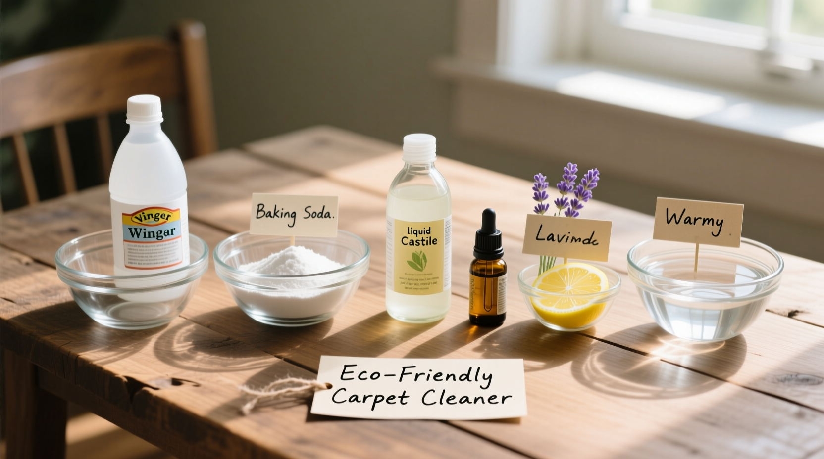 Homemade carpet cleaner ingredients in glass bowls