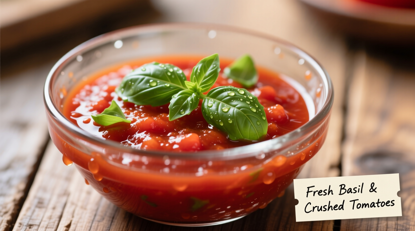 Crushed tomato sauce in glass bowl with fresh basil