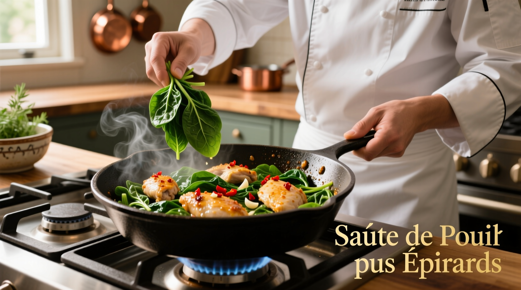 Chef preparing chicken spinach sauté in cast iron skillet