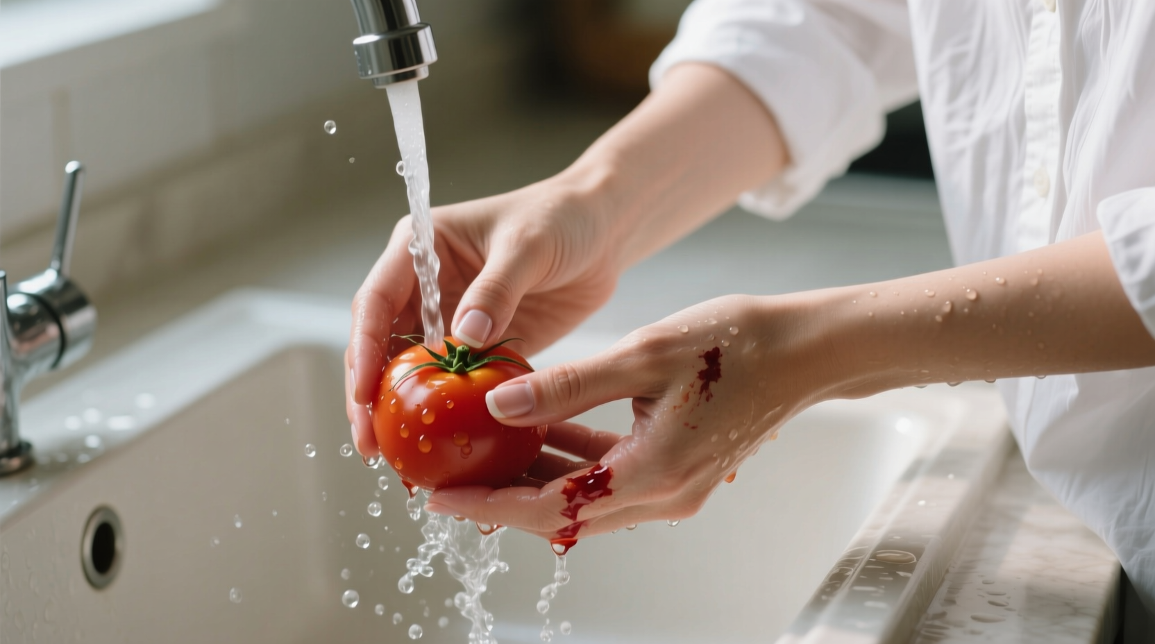 Hands treating tomato stain on white shirt with cold water