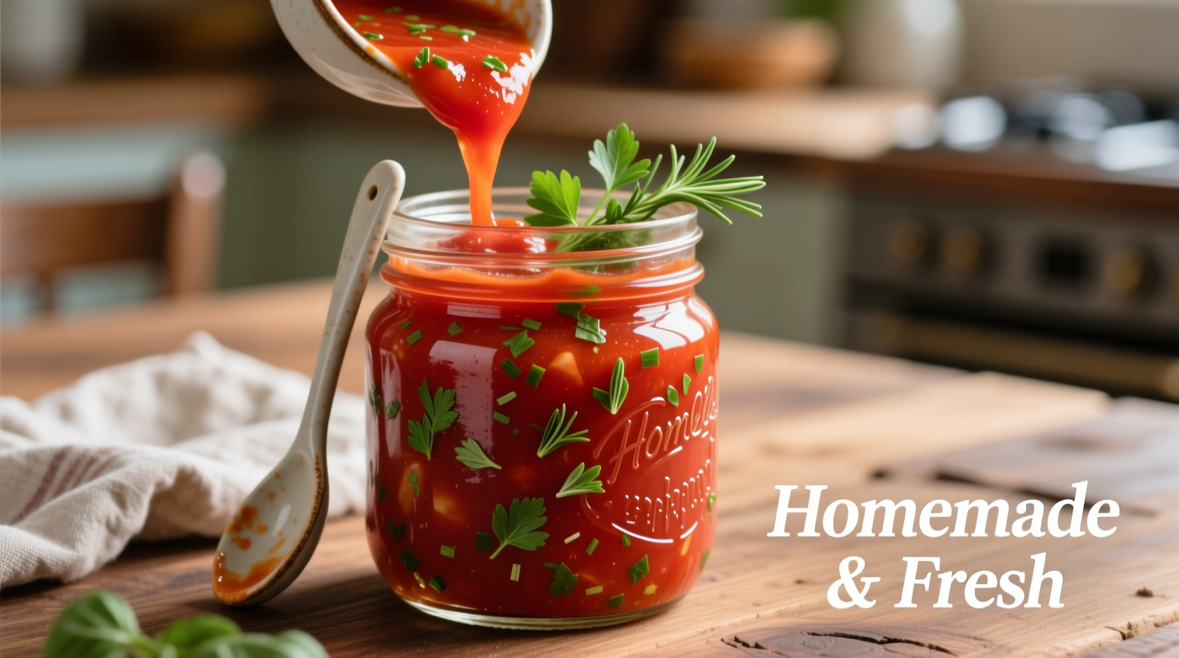 Fresh tomato sauce in glass container with herbs