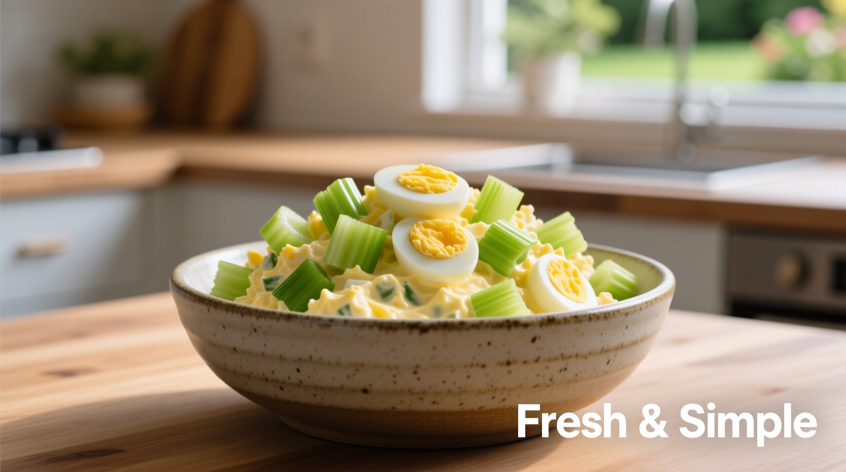 Freshly made egg salad with celery in bowl