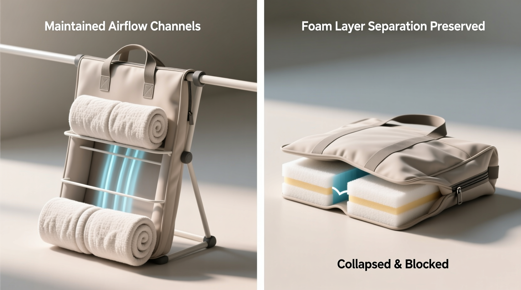 Close-up photo showing proper technique: a microfiber cloth gently wiping the interior seam of a thermal lunch bag, with zipper fully unzipped and bag laid flat on a dry towel—no pooling water visible, no scrubbing motion indicated.