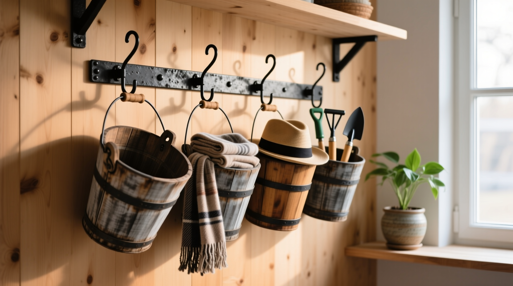 add some extra storage to your wall with buckets hooks