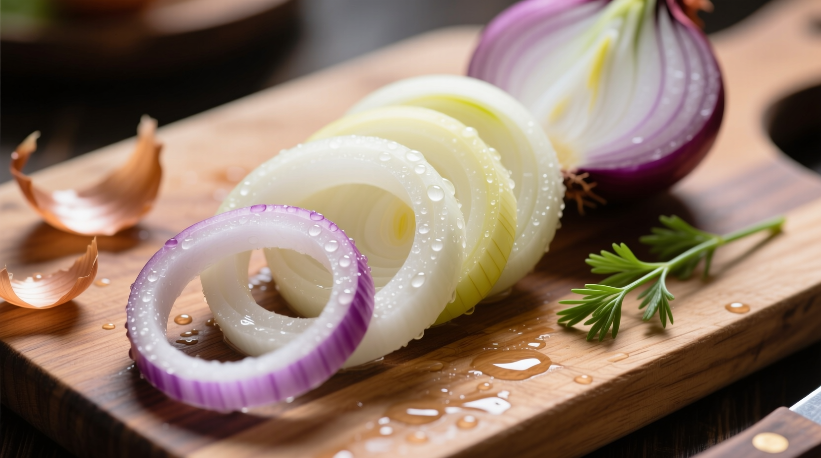 Fresh sweet onions on wooden cutting board