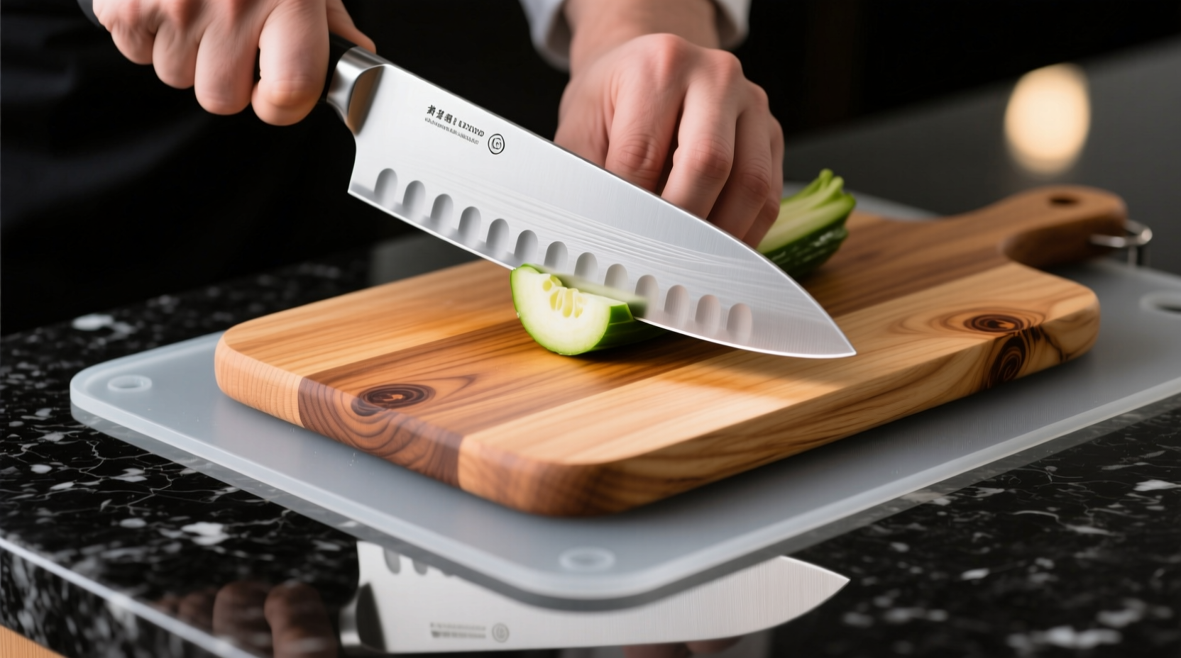 Side-view photo showing a chef's knife mid-chop on a maple cutting board resting securely atop a translucent gray silicone mat on a polished black granite countertop—no movement, no visible gap, clean edge alignment