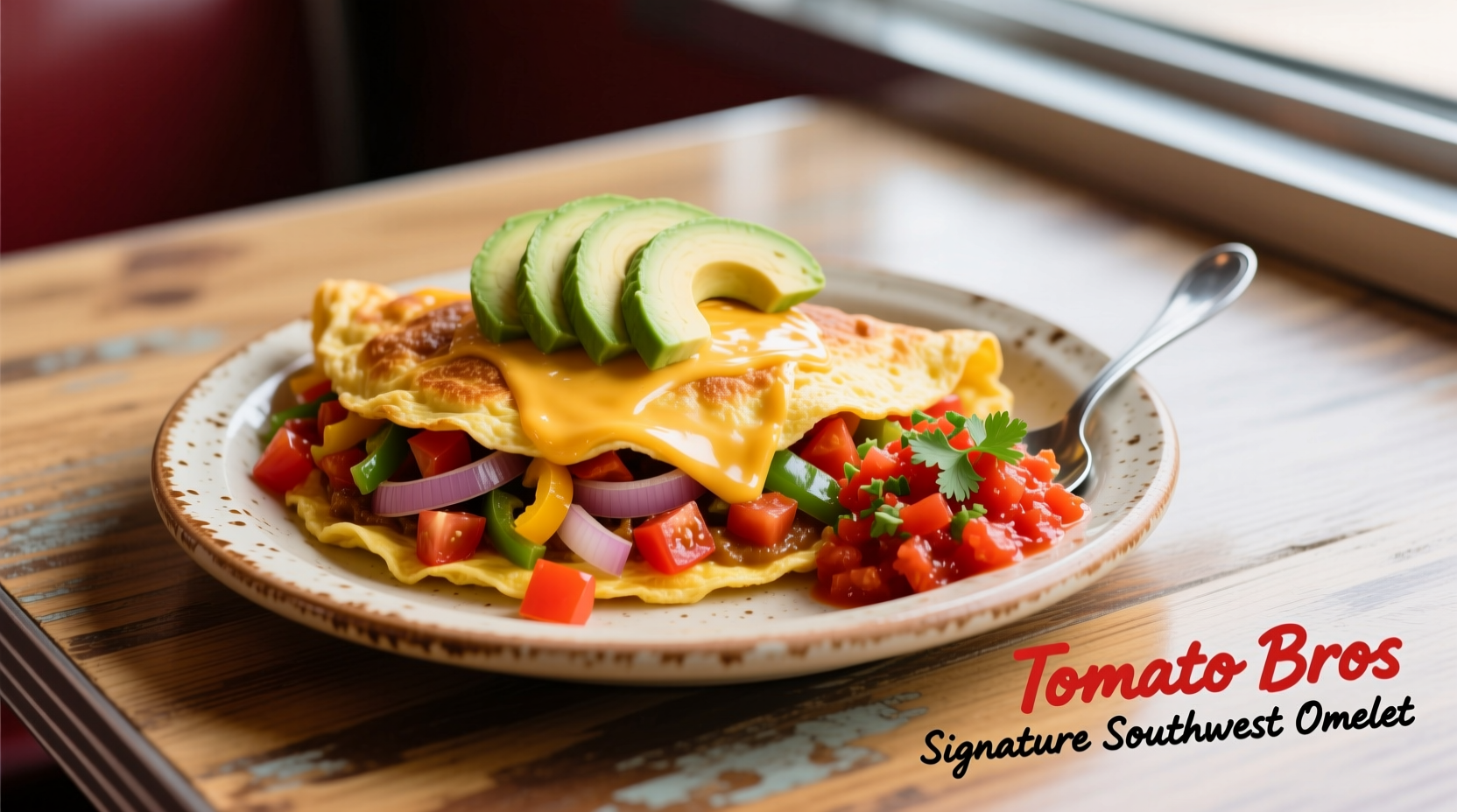 Tomato Bros signature Southwest Omelet with avocado and pico de gallo