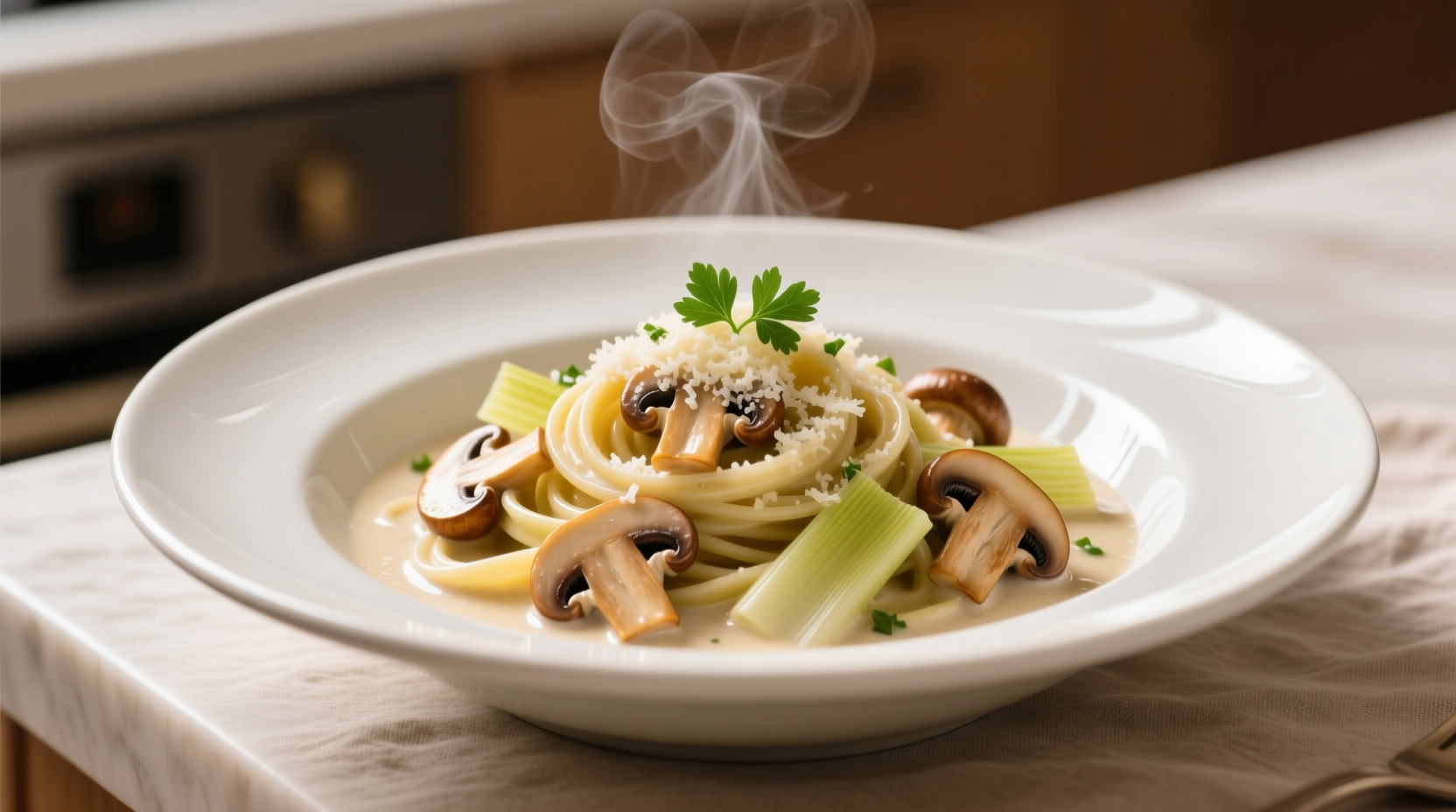 Creamy leek and mushroom pasta in white bowl