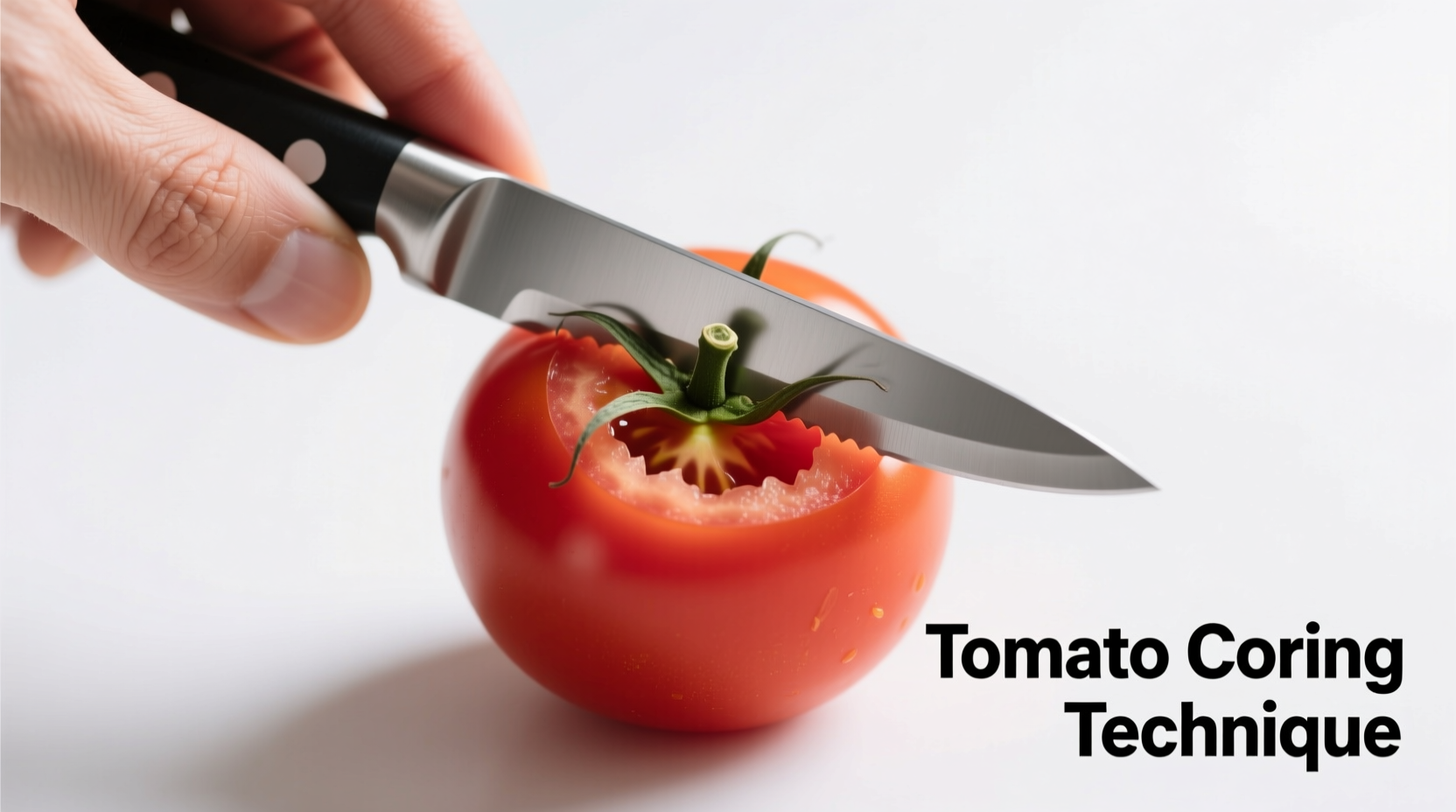 Hand demonstrating tomato coring technique with paring knife