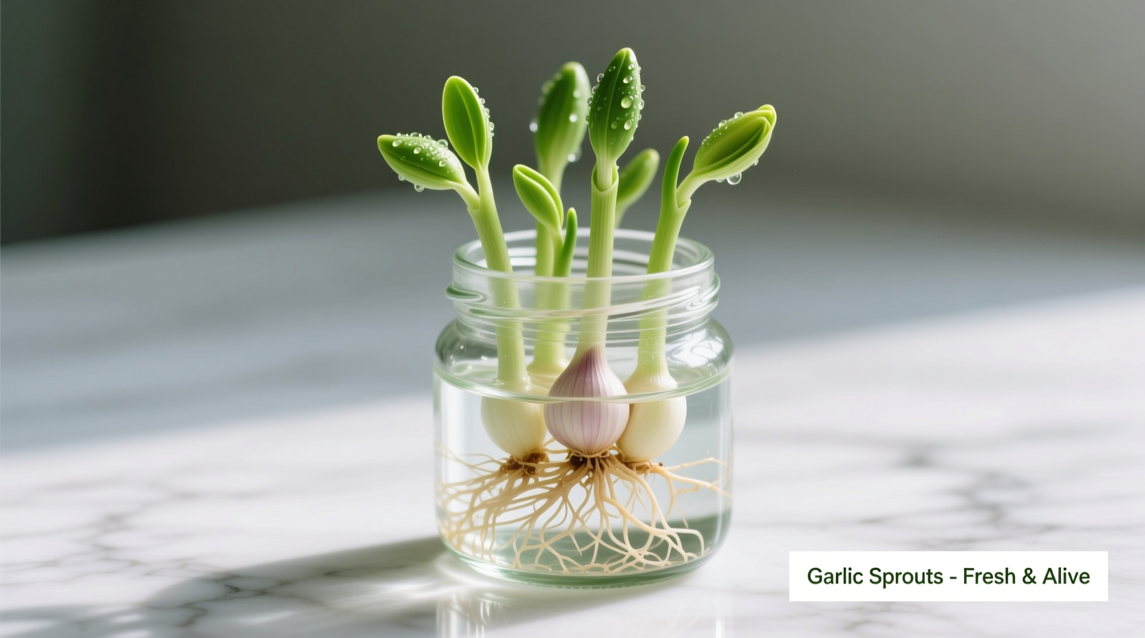 Garlic sprouts growing in glass jar with water