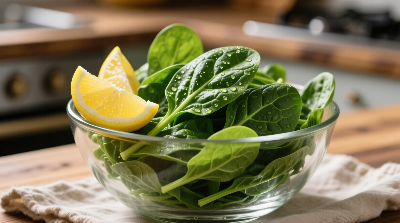 Fresh spinach leaves in a glass bowl with lemon wedges