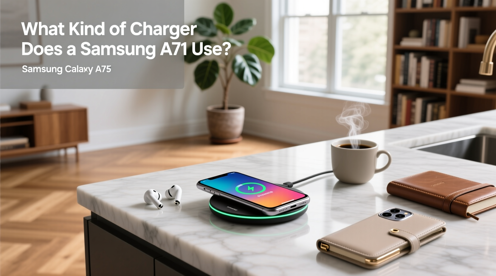 Samsung A71 with wireless charging adapter attached to back