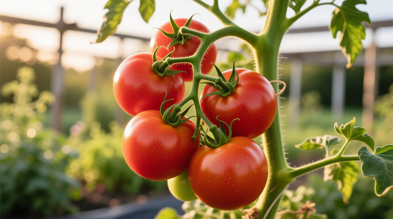 Cluster of ripe tomatoes still attached to vine